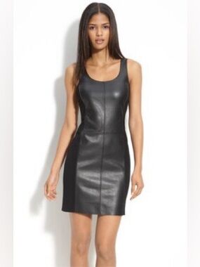 Bailey 44 Black Faux-Leather Paneled Mini Dress with Knit Sides